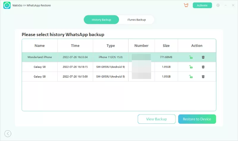 Watsgo - Seleccione el historial Copia de seguridad